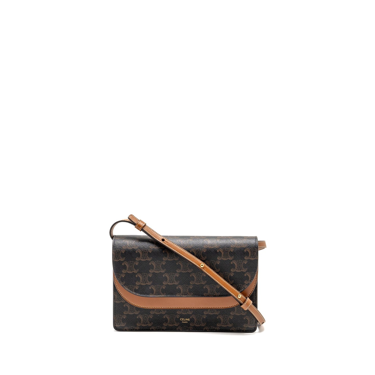 Celine Wallet On Strap Triomphe Canvas / Smooth Lambskin Tan