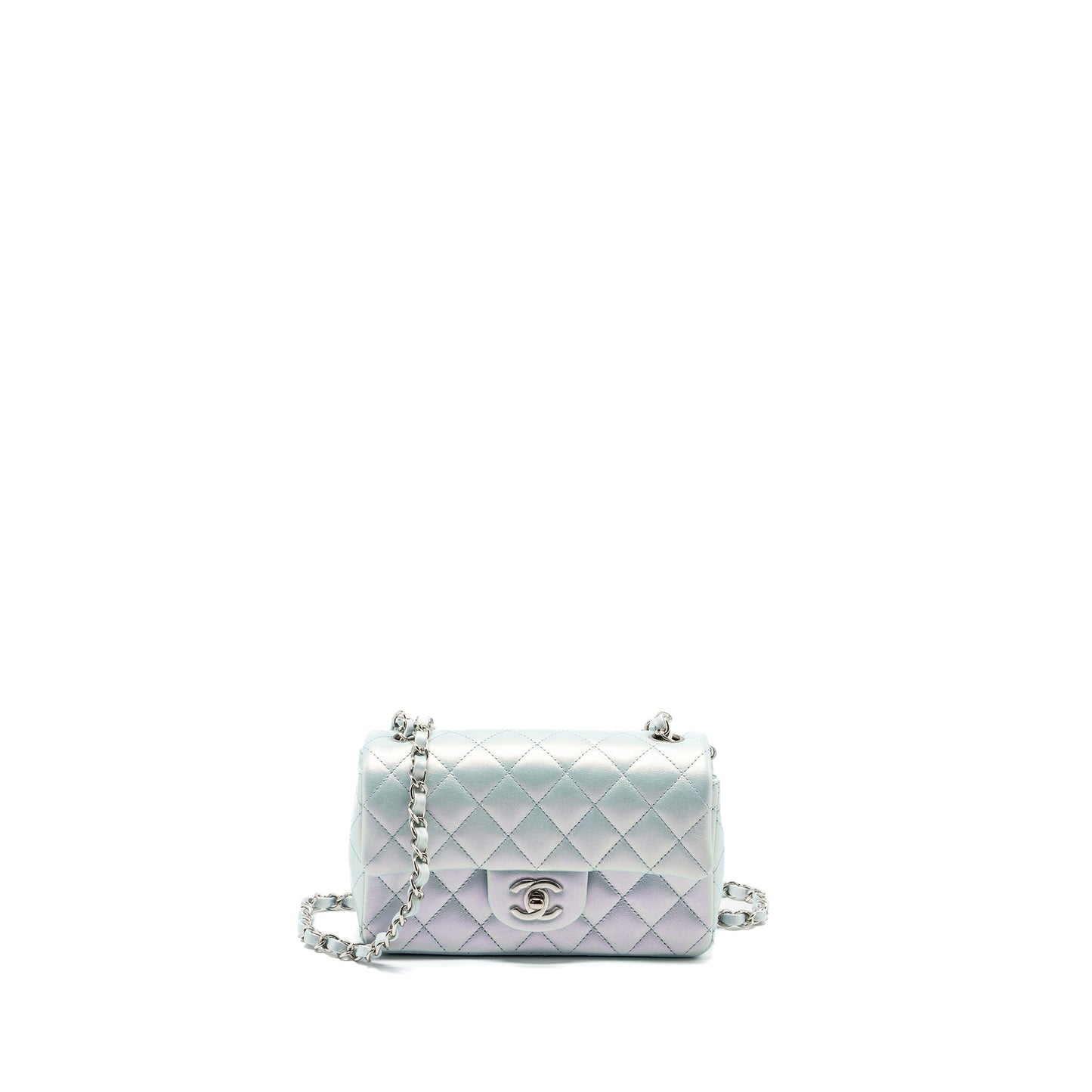 Chanel 21K mini rectangular flap bag calfskin iridescent light blue  (microchip)