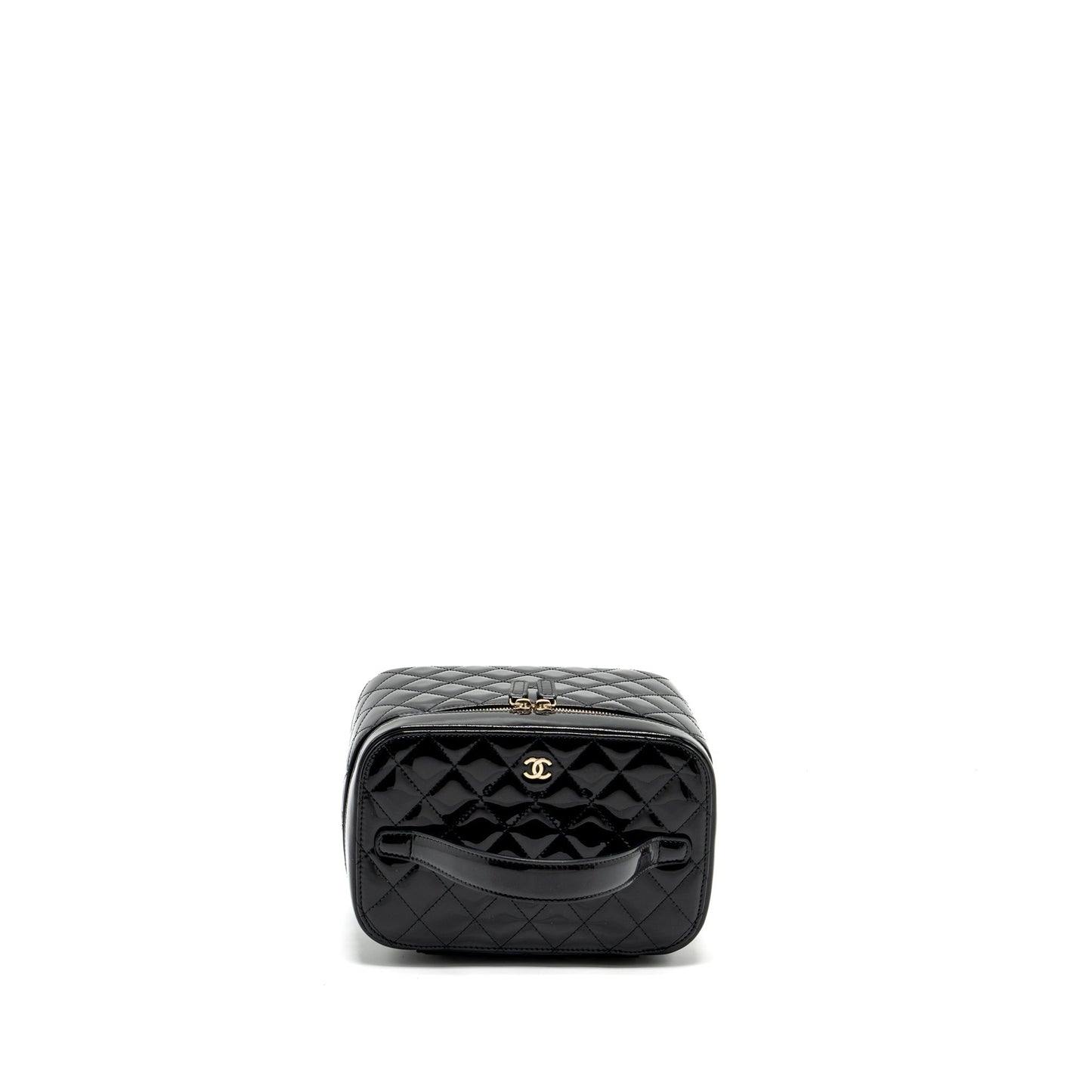 Chanel top handle vanity case patent black L