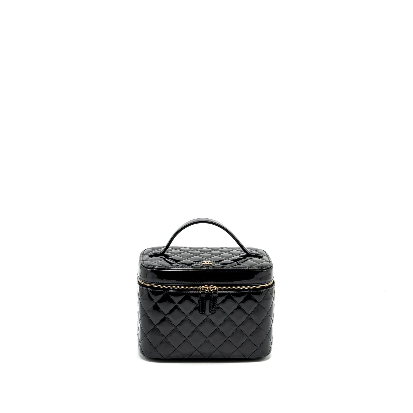 Chanel top handle vanity case patent black L