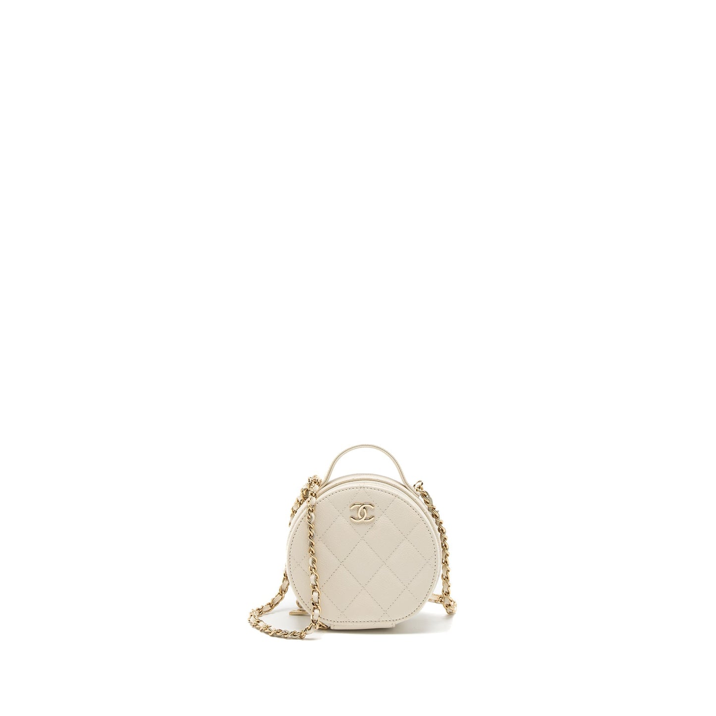 Chanel Top Handle Mini Round Vanity with Chain Caviar White L