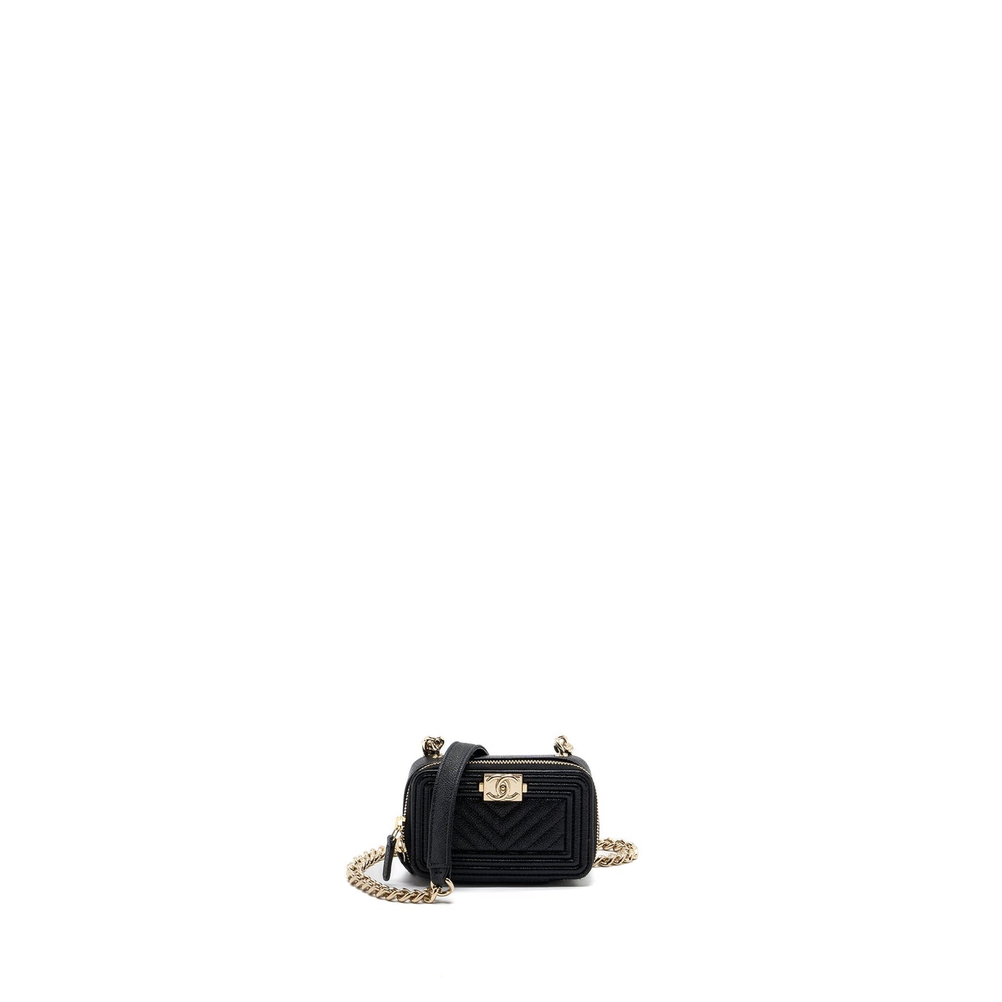 Chanel boy zipper card holder with chain caviar black L