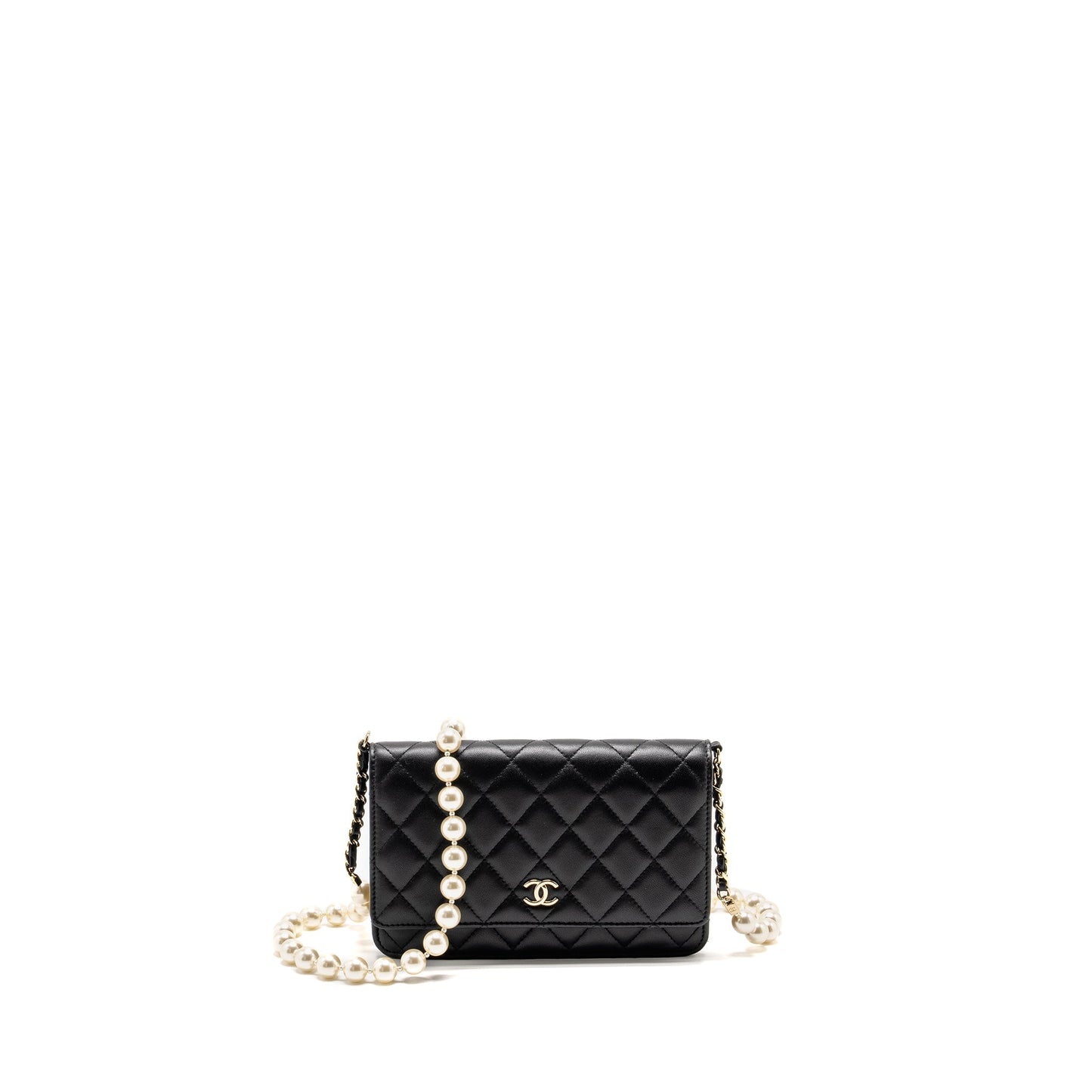 Chanel Wallet On Chain with Pearl Chain Lambskin Black L (Microchip)
