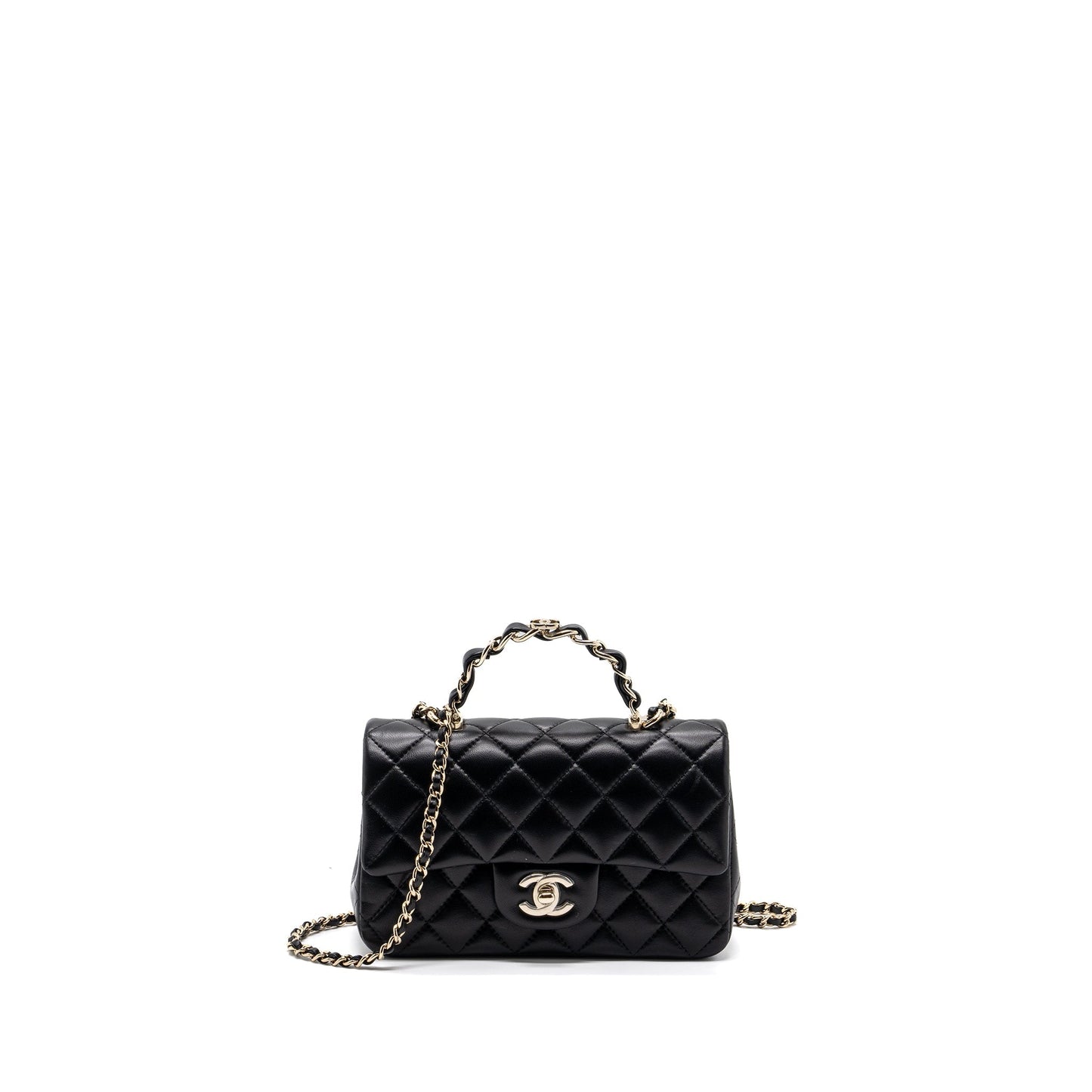 Chanel 23K Leather Chain Top Handle Mini Rectangular Flap Bag Lambskin Black L (microchip)