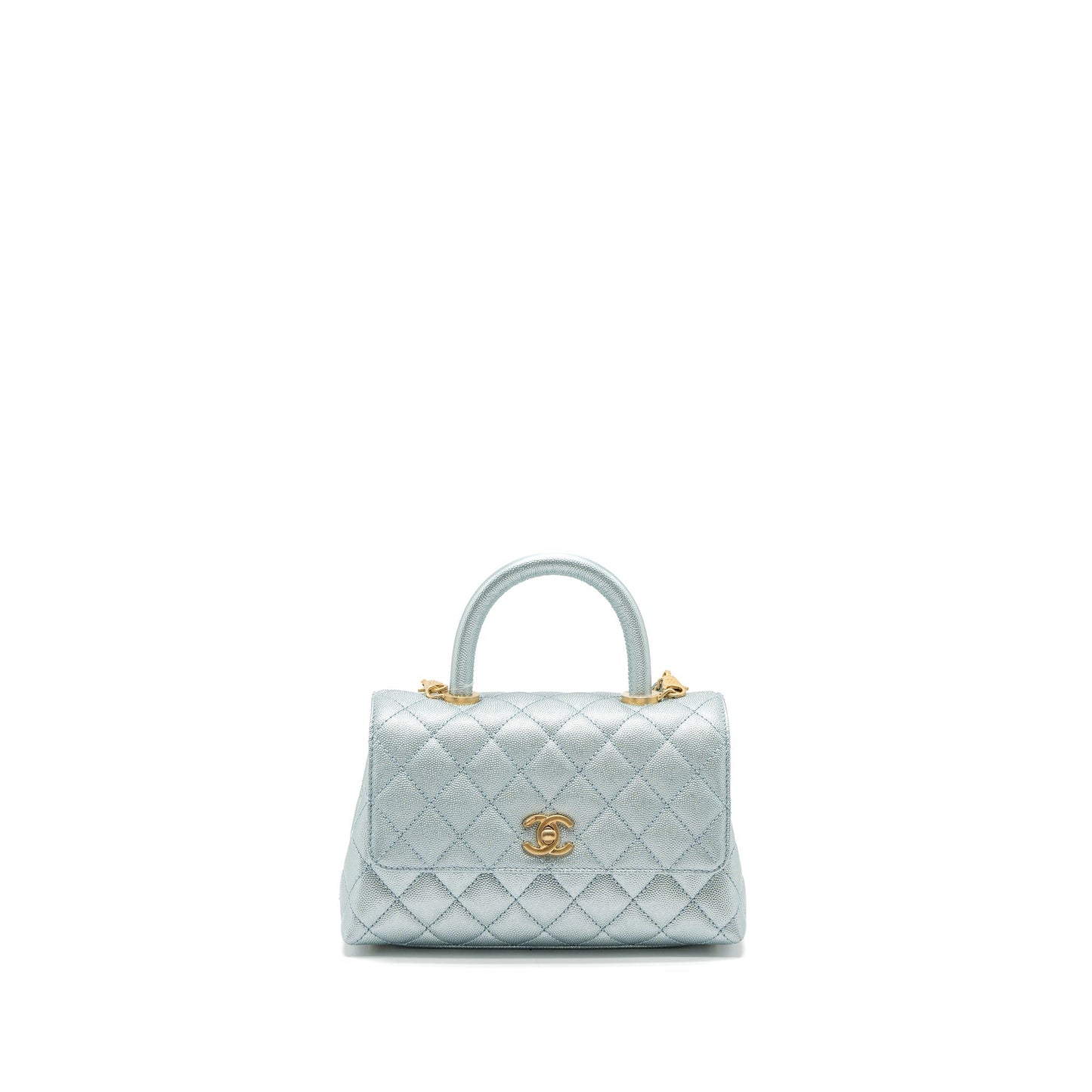 Chanel Small Coco Handle Caviar Metallic Light Blue Brushed  (Microchip)