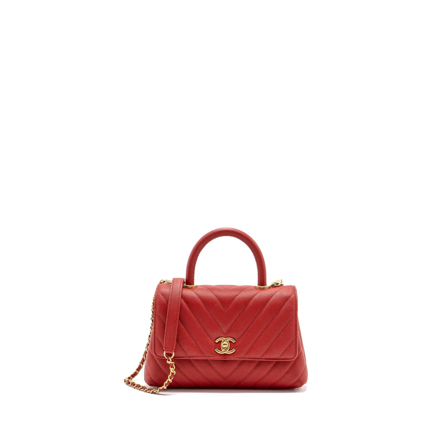 Chanel Small Coco Handle Chevron Caviar Red Brushed