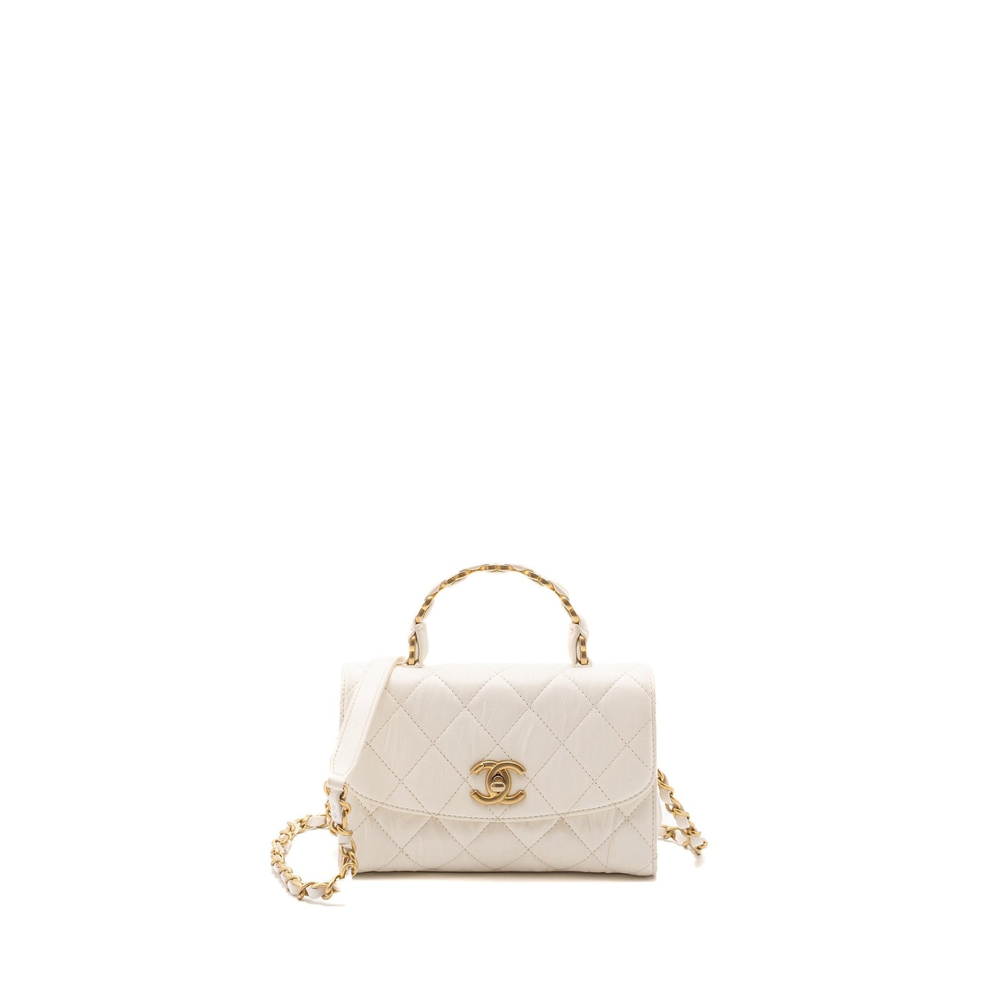 Chanel Top Handle Flap Bag Lambskin White Brush