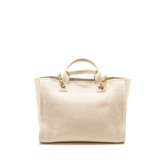 Chanel Small Deauville Shopping Tote Bag Calfskin/Fabric Light Beige L (microchip)
