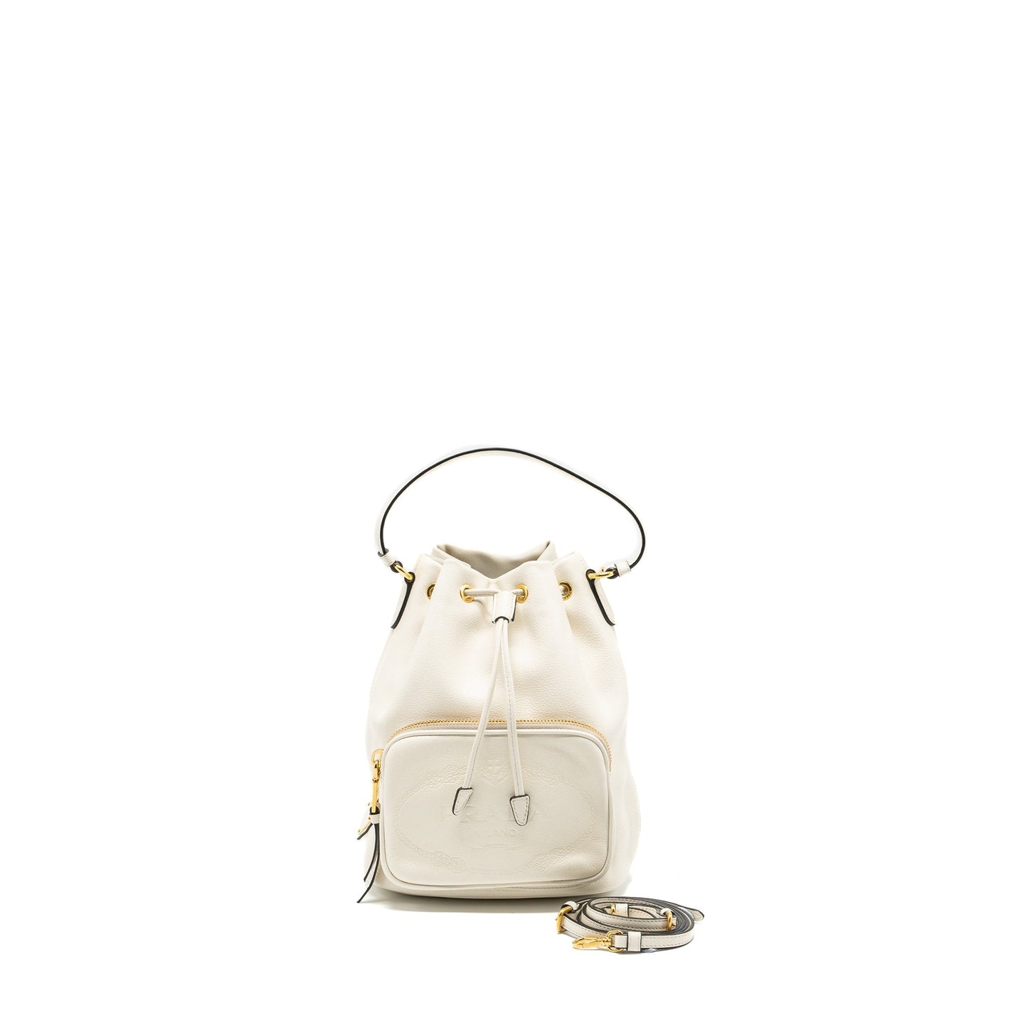 Prada Drawstring Bucket Purse Calfskin White
