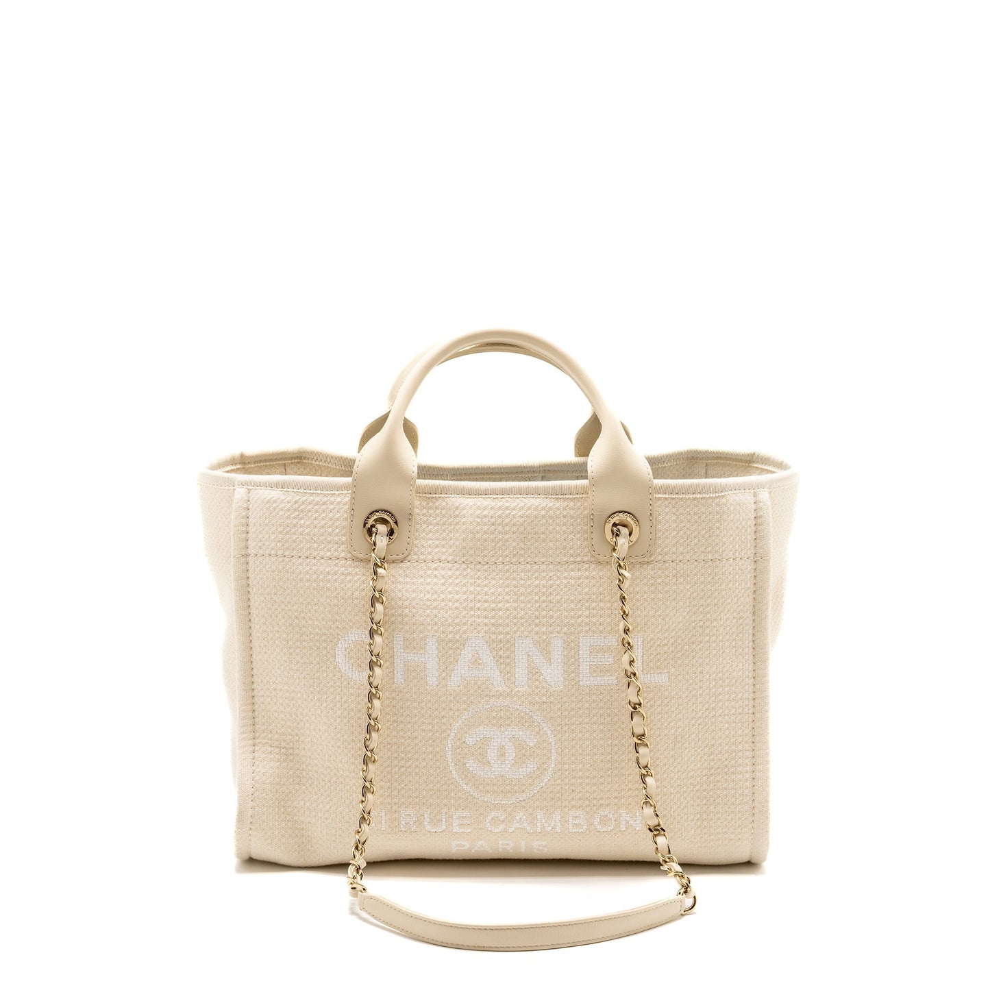 Chanel Small Deauville Shopping Tote Bag Calfskin/Fabric Light Beige L (microchip)