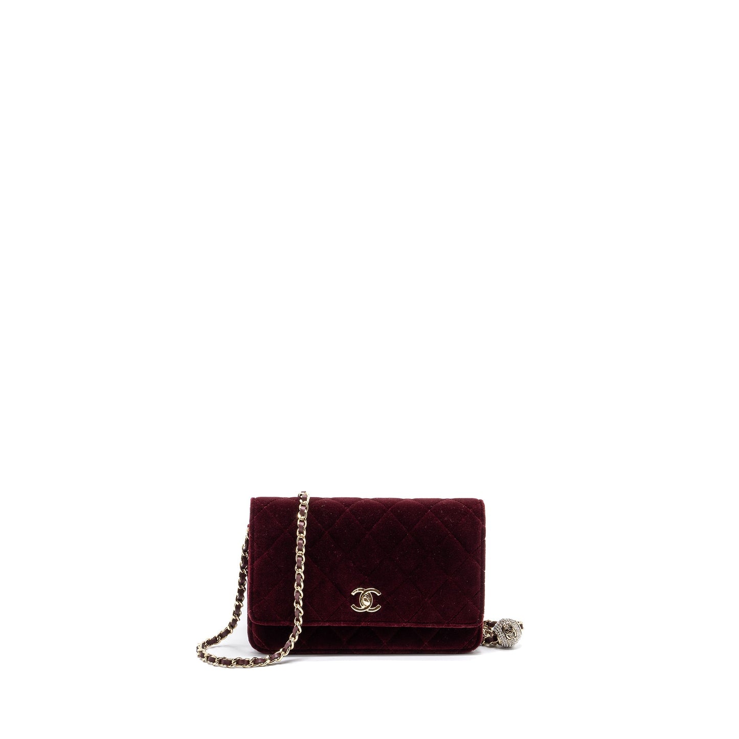 Chanel Crystal Pearl Crush Wallet On Chain Velvet Burgundy L
