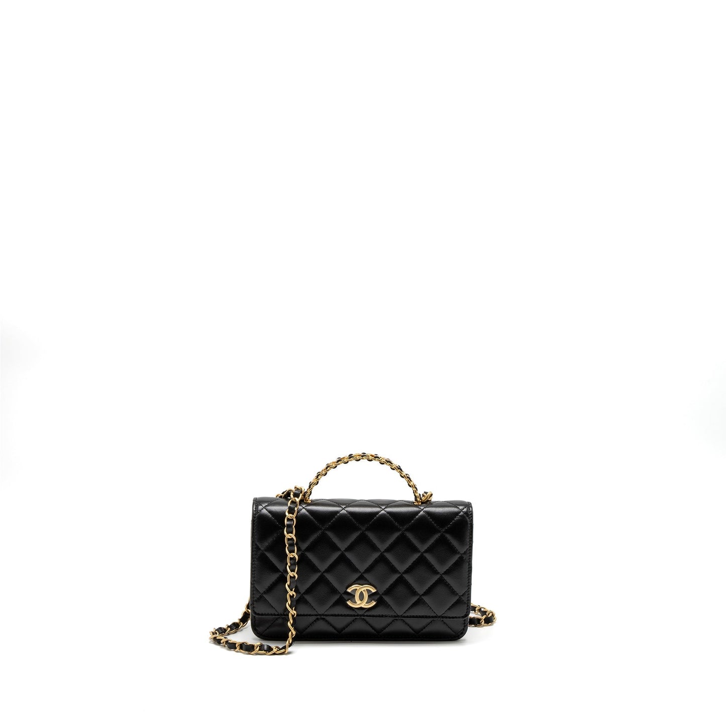 Chanel Detail Top Handle Wallet On Chain Lambskin Black Brushed  (Microchip)