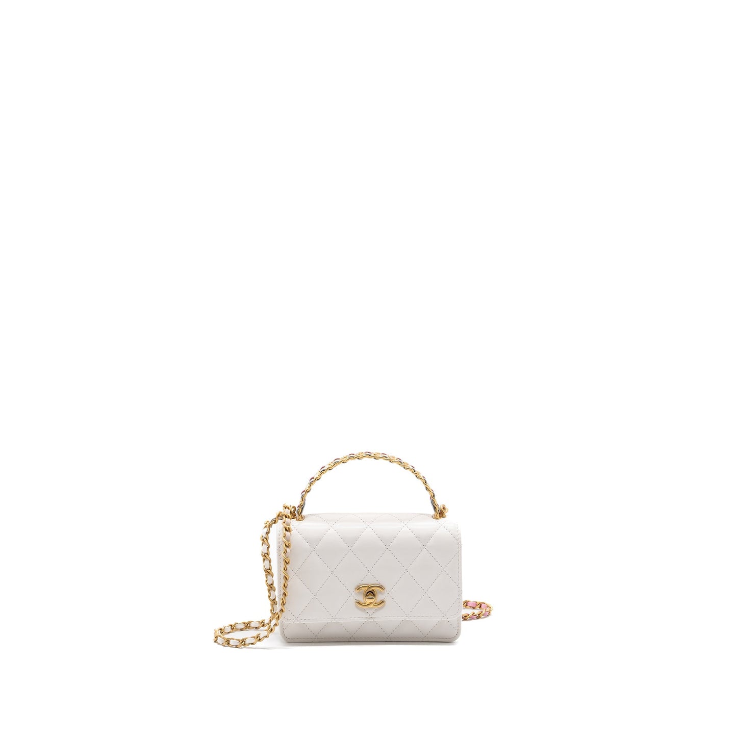 Chanel 23P detailed top handle mini wallet with chain calfskin white / multi color brushed  (microchip)