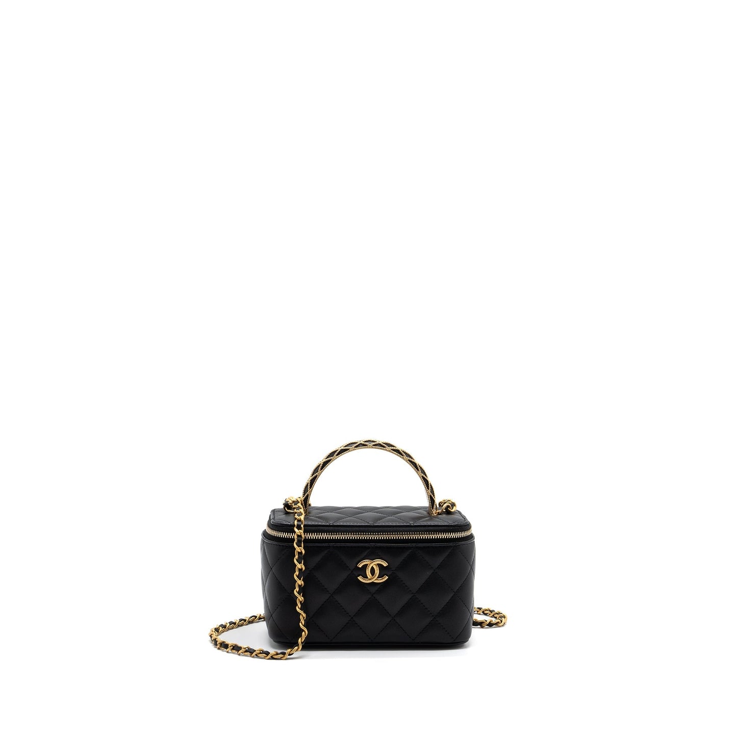 Chanel Detail Top Handle Long Vanity With Chains Lambskin Black (Microchip)