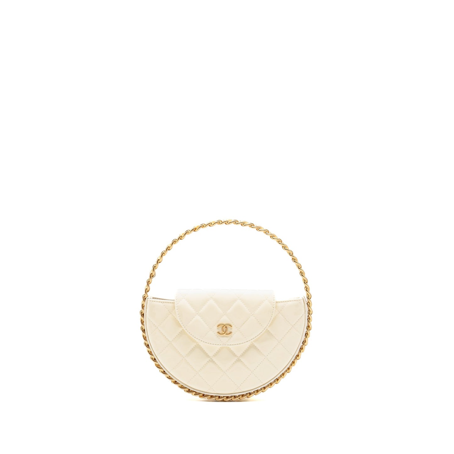Chanel round clutch patent leather white  (microchip)