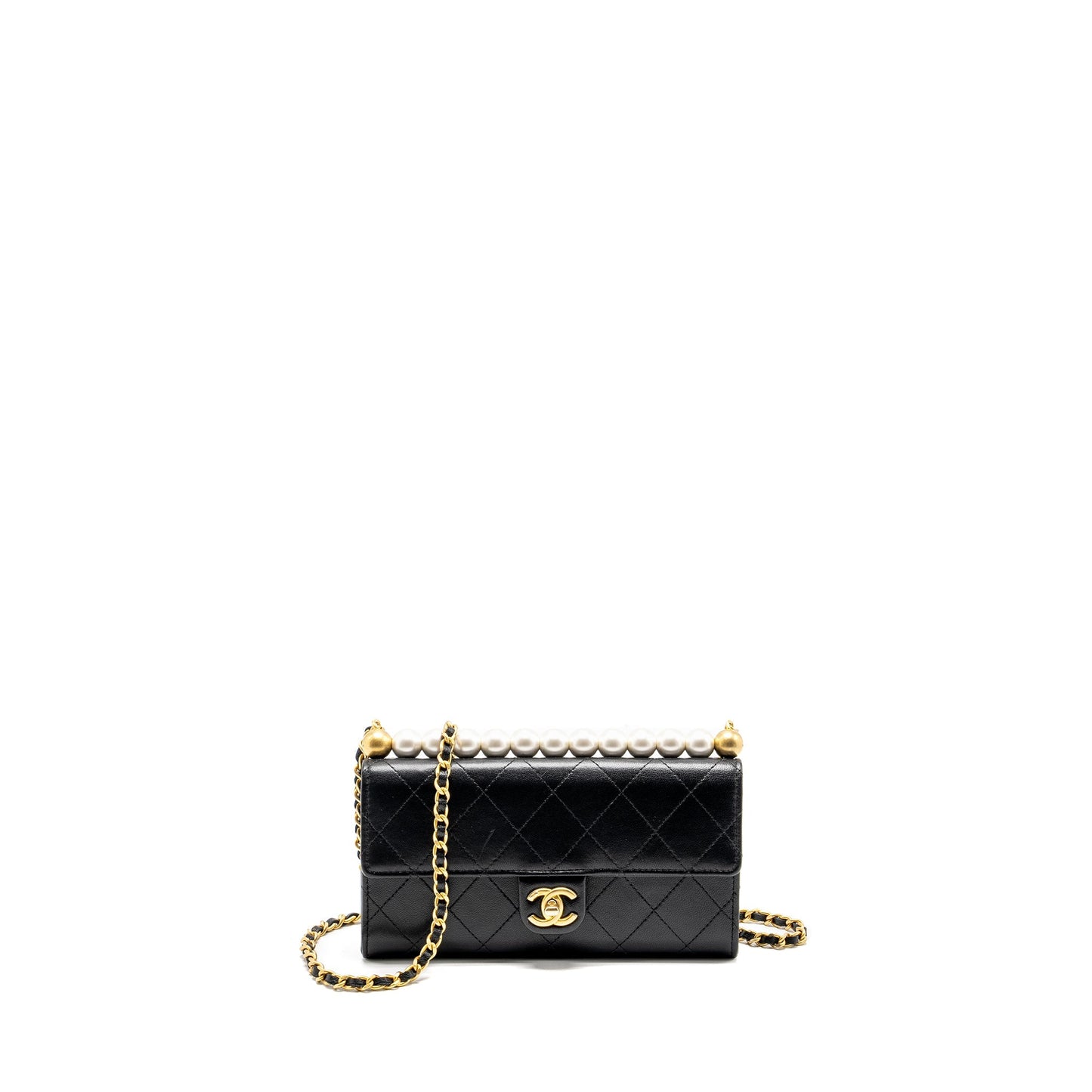 Chanel Quilted Pearl Long Wallet on Chain Goatskin Black