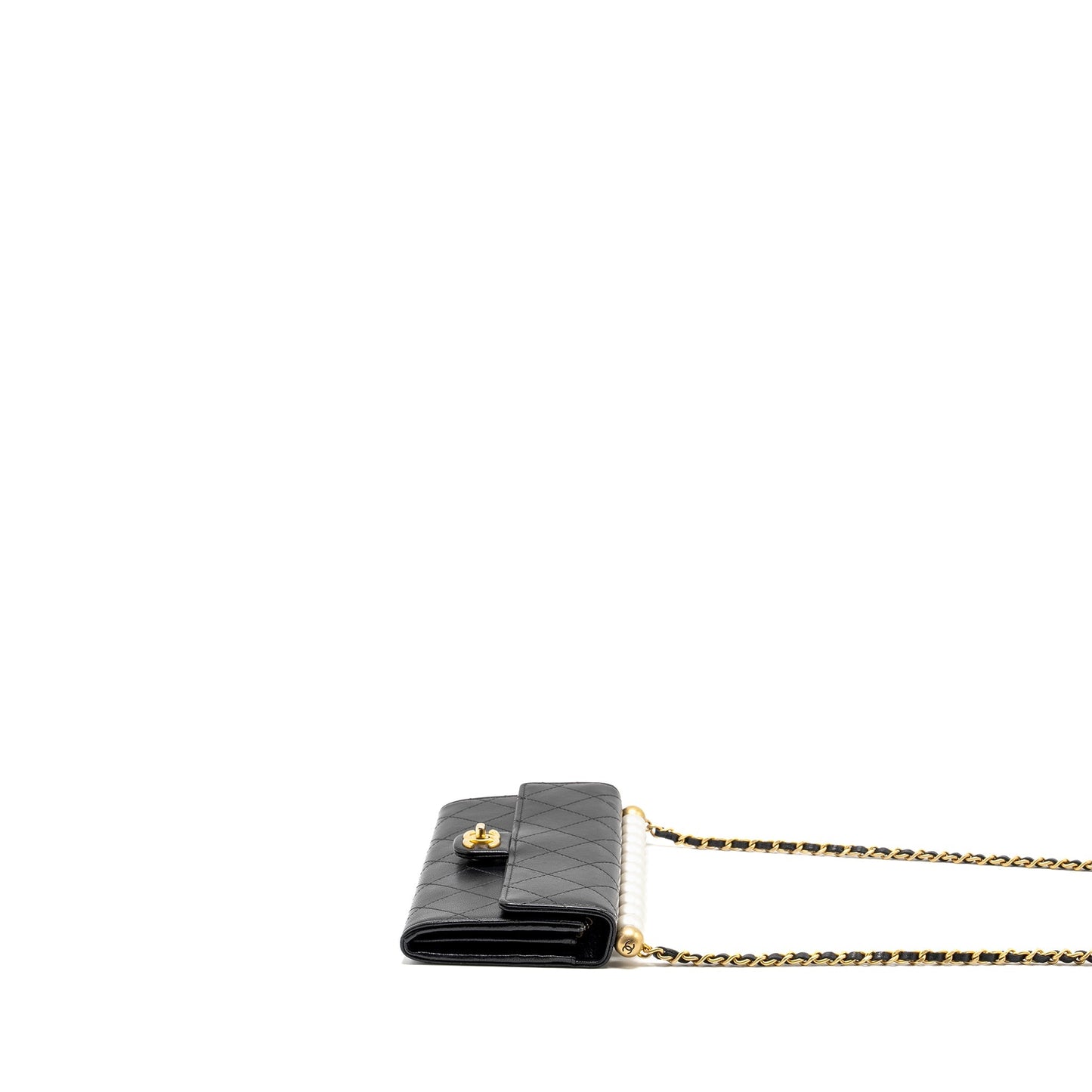 Chanel Quilted Pearl Long Wallet on Chain Goatskin Black