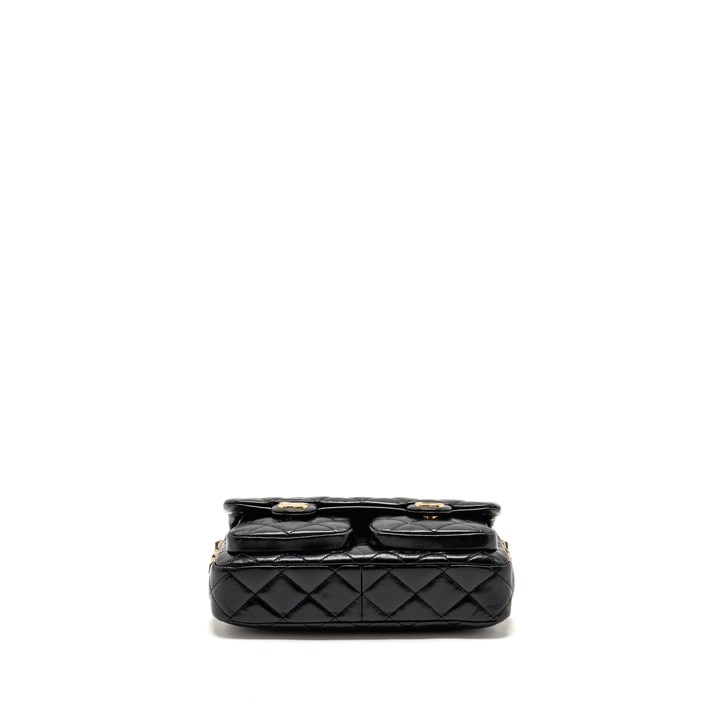 Chanel Double pocket top handle messanger bag shiny calfskin black  (microchip )