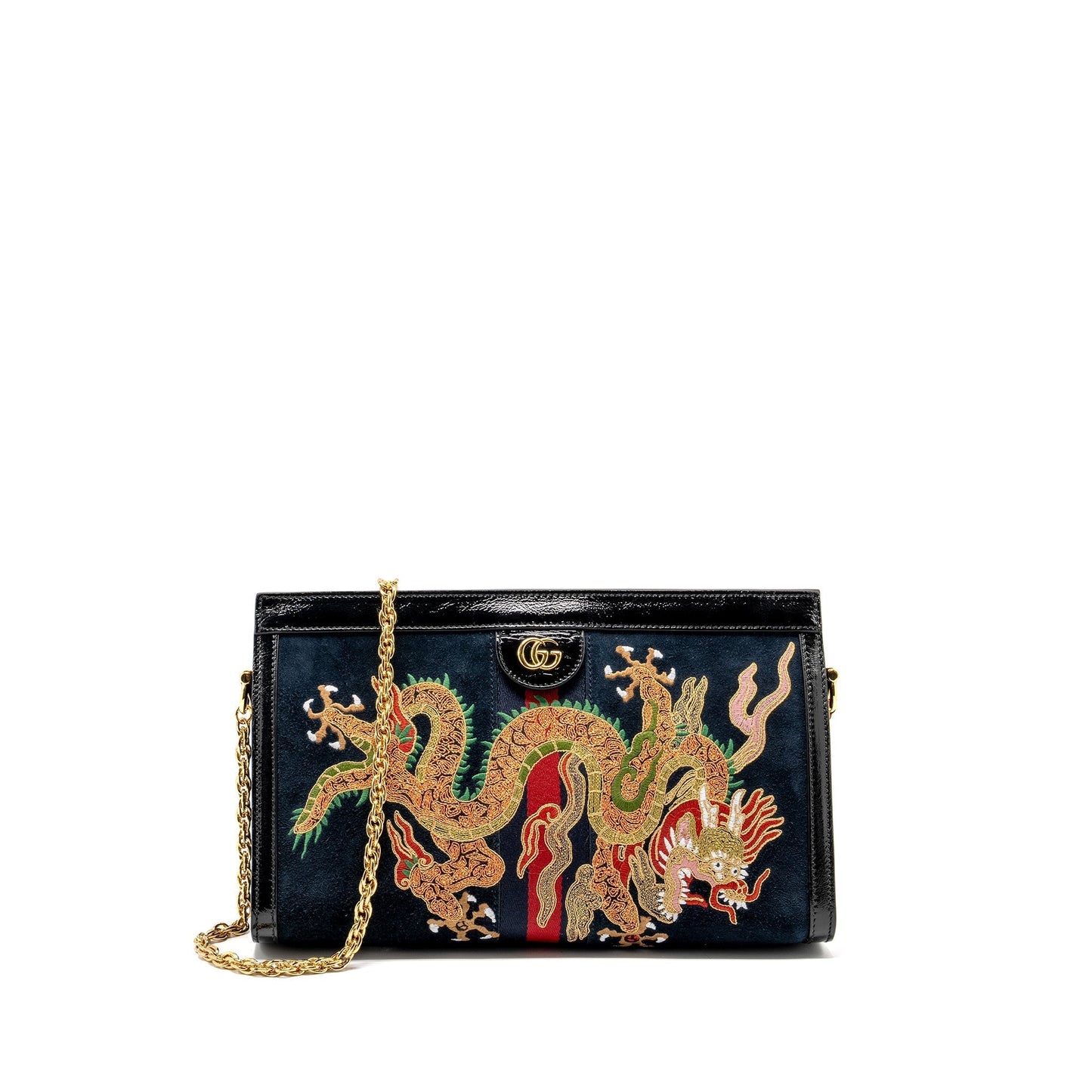 Gucci Ophidia Chain Bag Dragon Embroidered Suede Blue/Black/Multicolour