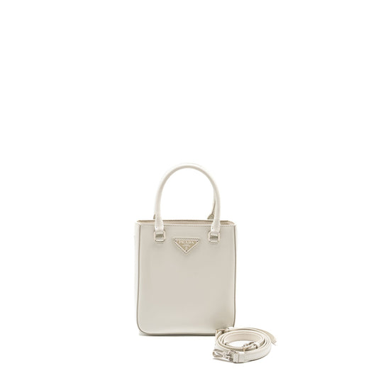 Prada Small Brushed Leather Tote Purse White