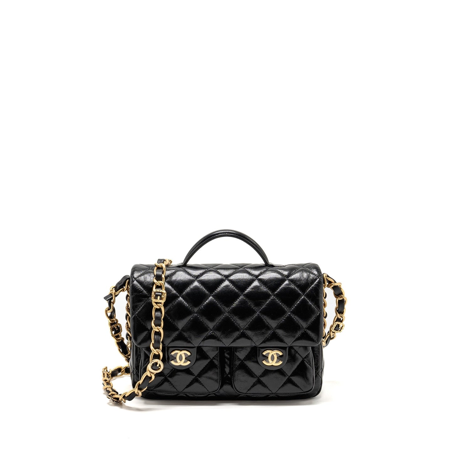 Chanel Double pocket top handle messanger bag shiny calfskin black  (microchip )