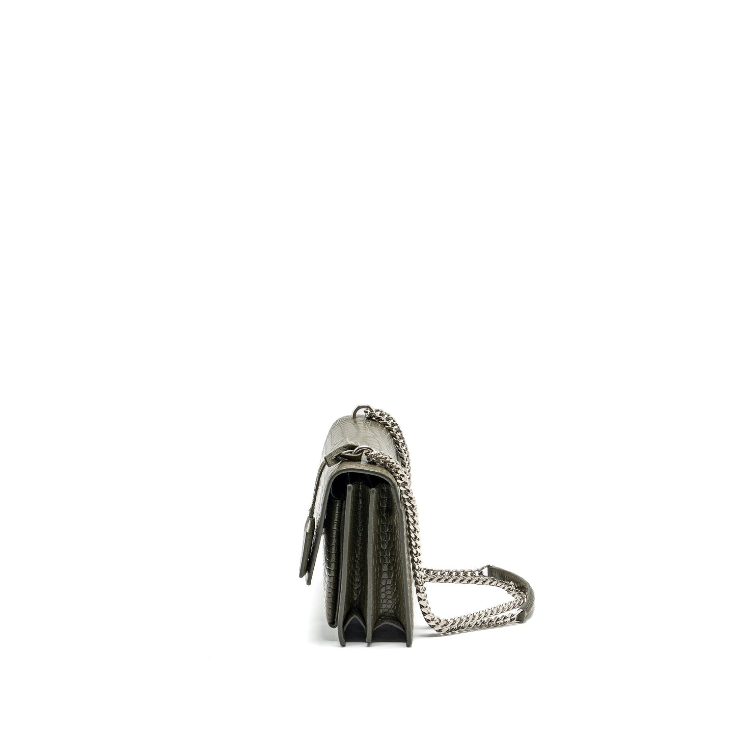 Saint Laurent/ Sunset Purse Crocodile-Embossed Calfskin Khaki