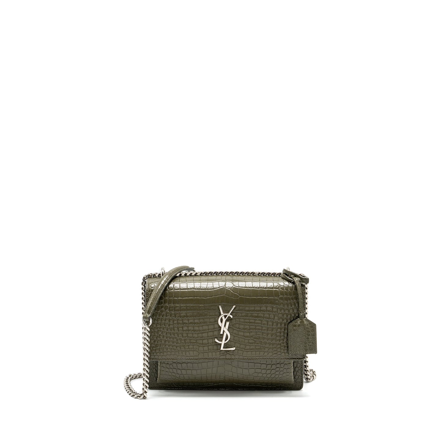 Saint Laurent/ Sunset Purse Crocodile-Embossed Calfskin Khaki