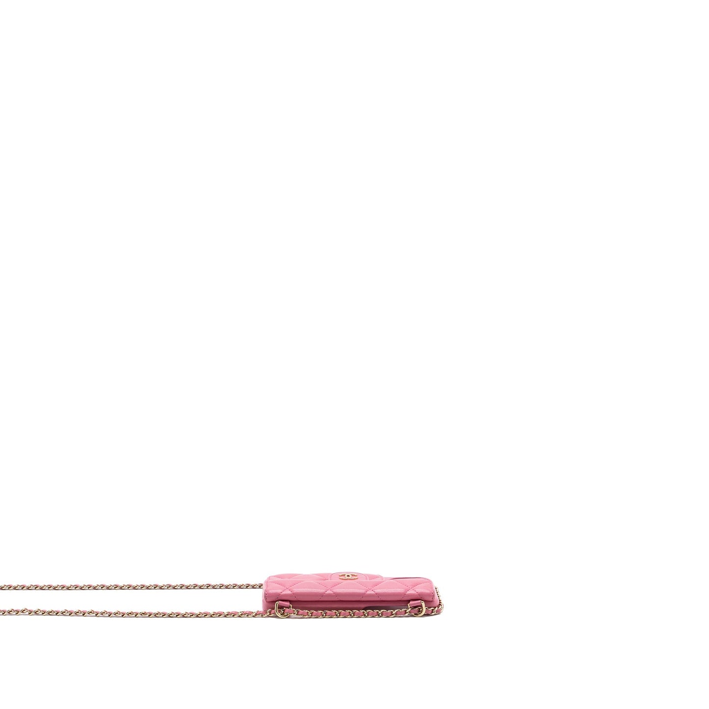 Chanel 21P pearl crush phone case with chain for iPhone 12 lambskin pink L
