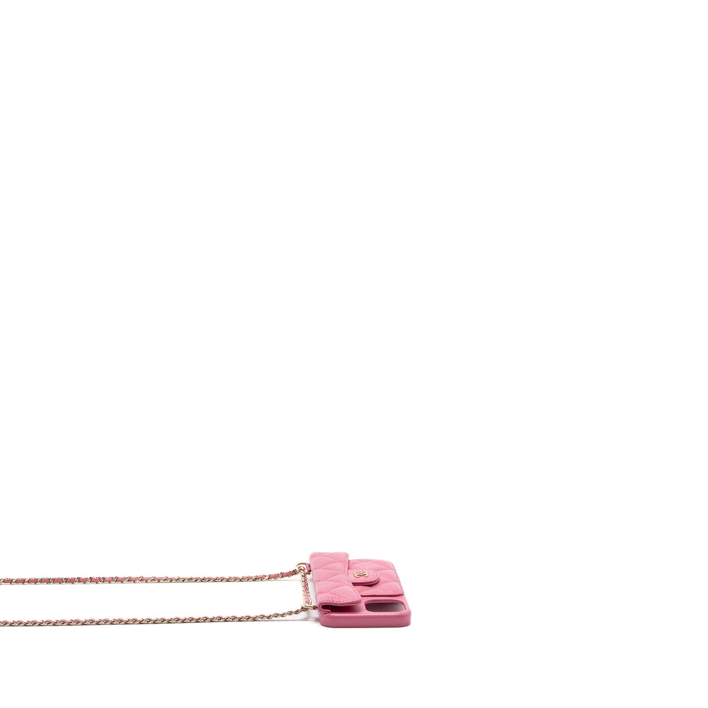 Chanel 21P pearl crush phone case with chain for iPhone 12 lambskin pink L