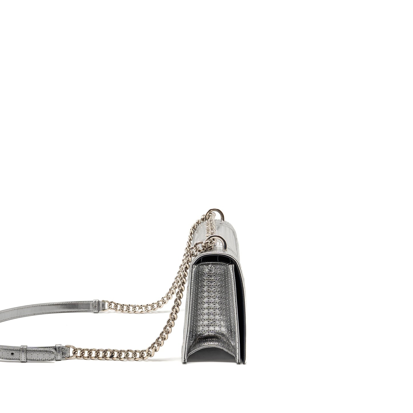Dior Diorama Flap Purse Patent Micro-Cannage Leather Metallic Silver