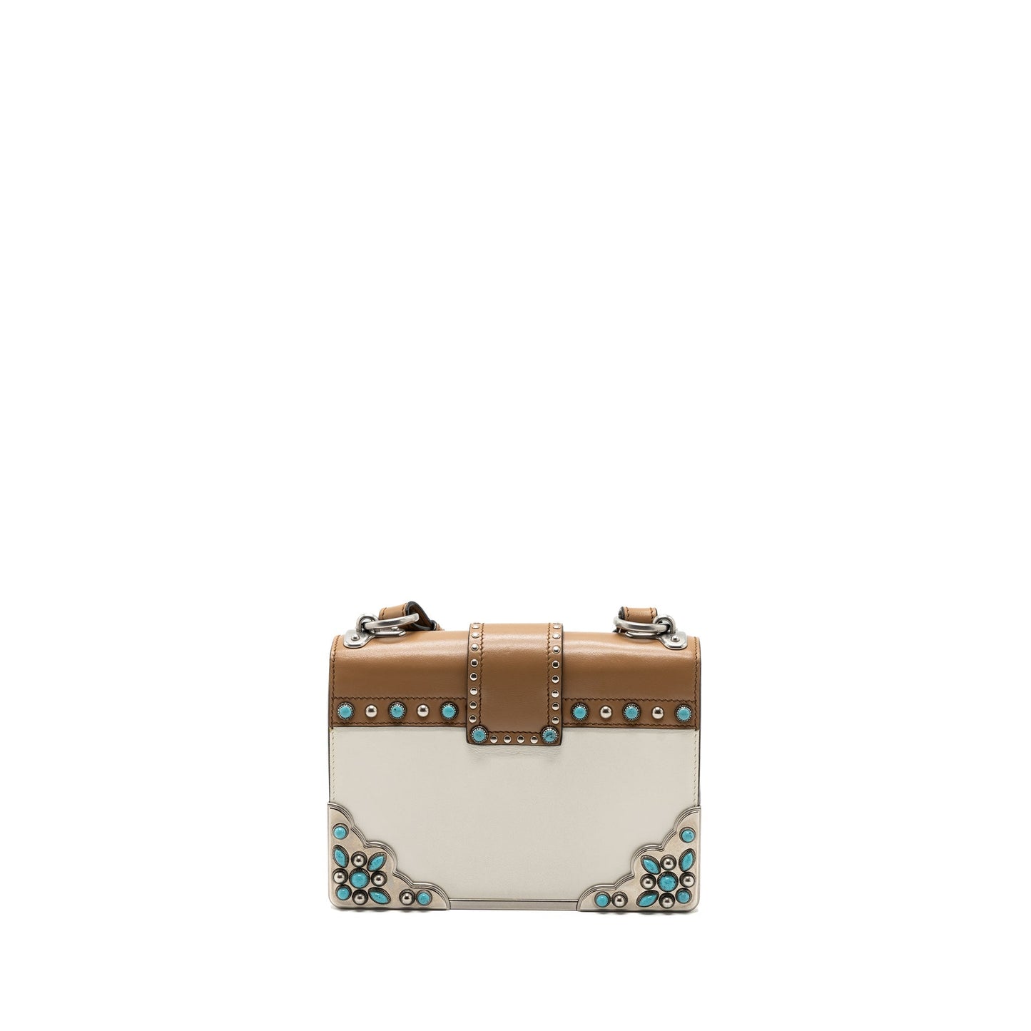 Prada Cahier Embellished Two-tone Leather Mini Purse White / Caramel