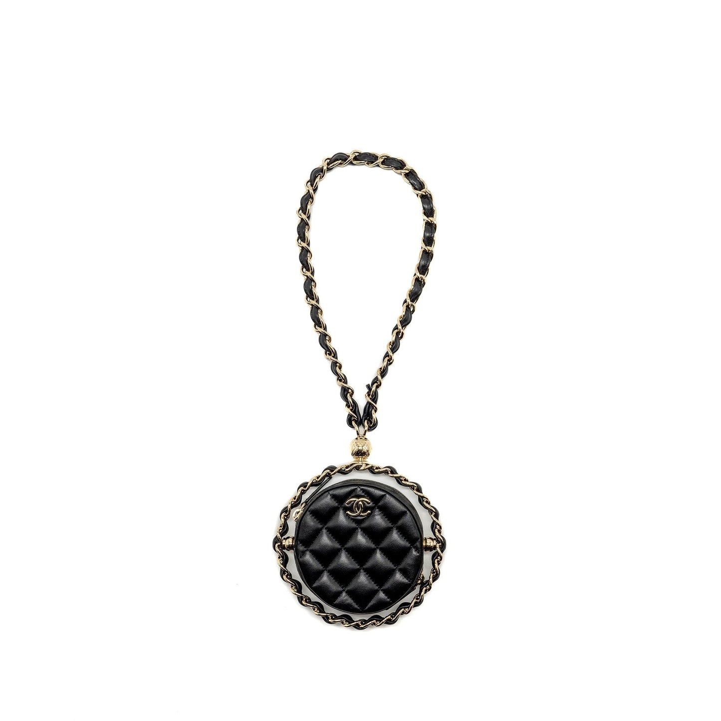 Chanel 22c Quilted Round Clutch With Chain Lambskin Black L