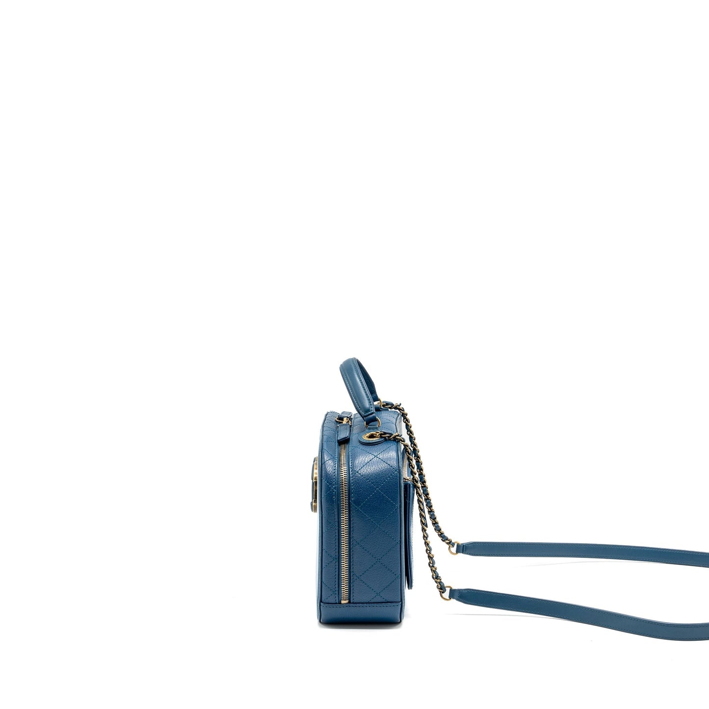 Chanel top handle zip vanity bag leather blue