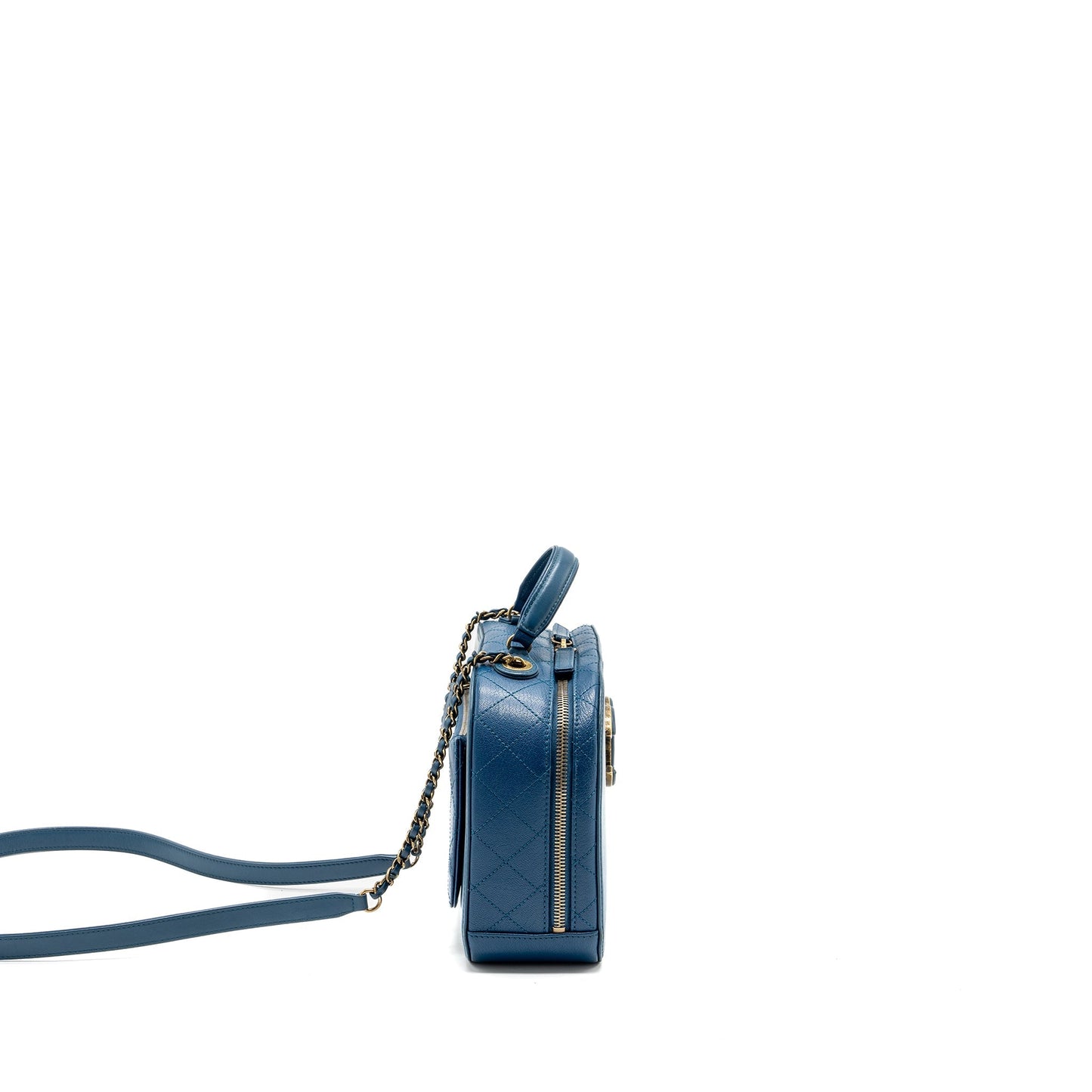 Chanel top handle zip vanity bag leather blue