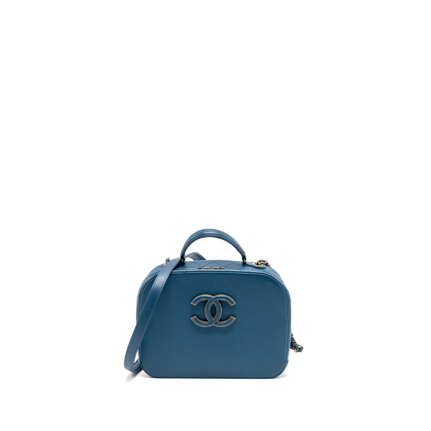 Chanel top handle zip vanity bag leather blue