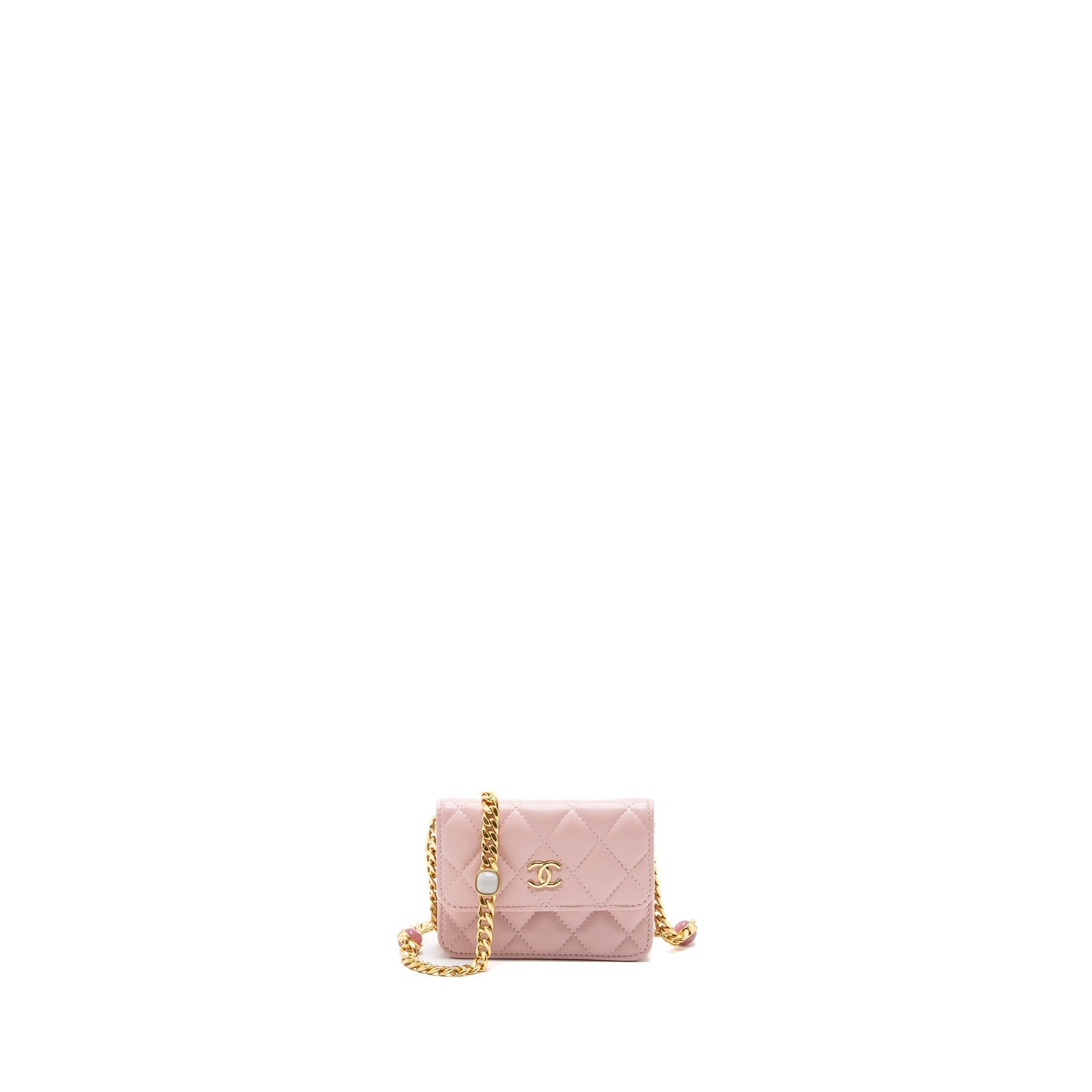 Chanel mini flap card holder with chain limited edition lambskin light pink  (microchip)