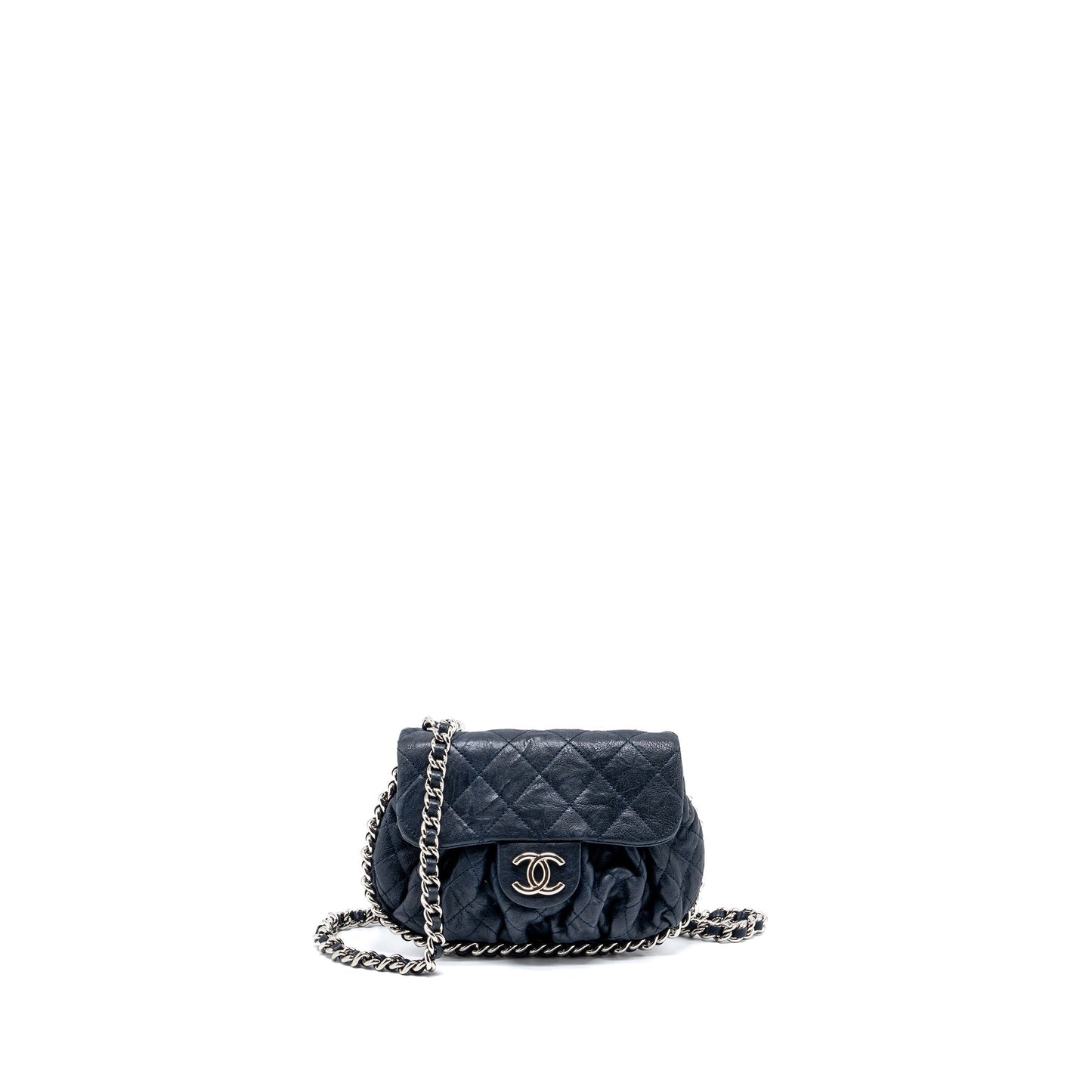 Chanel Mini Round Flap Bag With Chain Aged Calfskin Navy