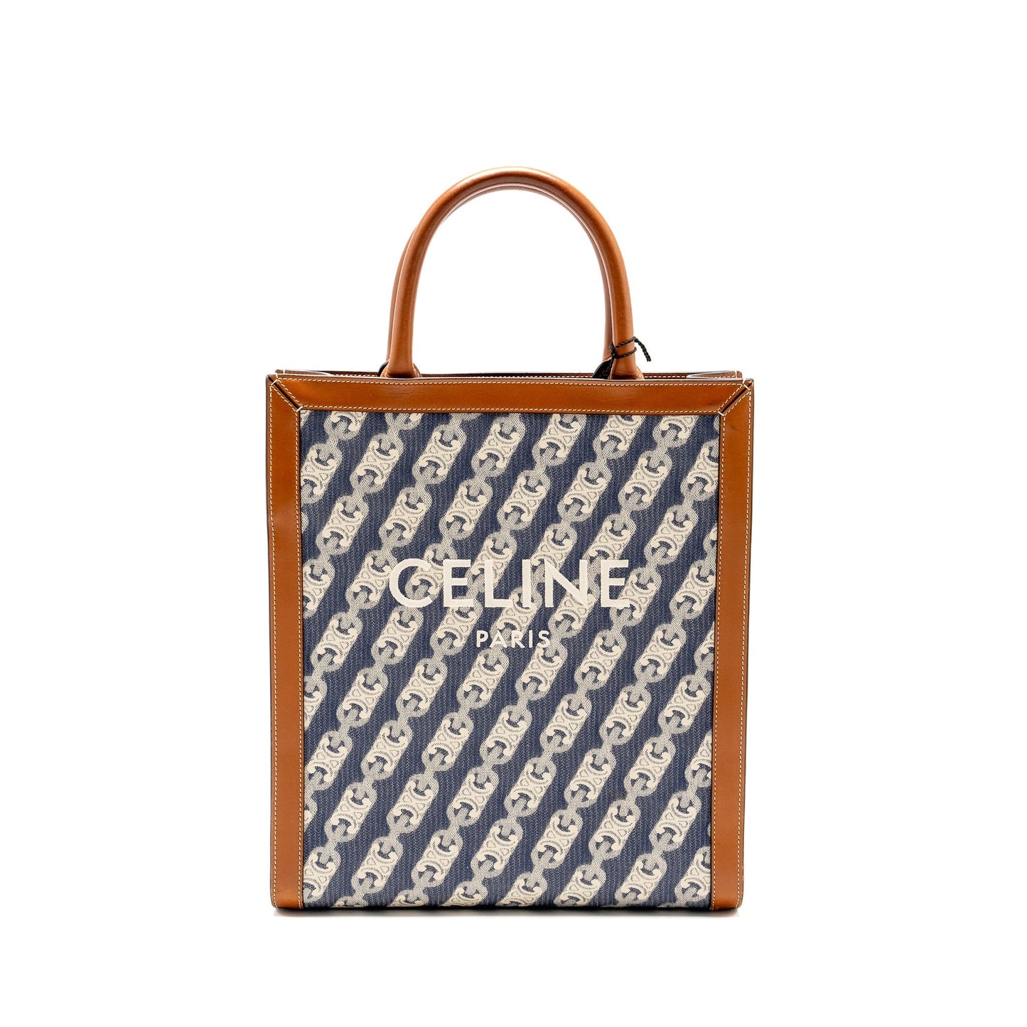 Luxury CELINE Vertical Cabas Tote in Triomphe Denim /Leather Navy/Tan