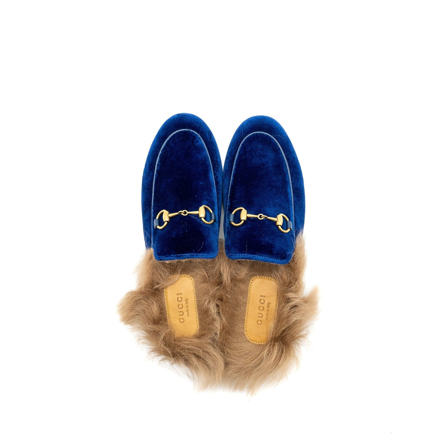 Gucci Size 36.5 Horsebit Princetown Fur Slipper Velvet Blue