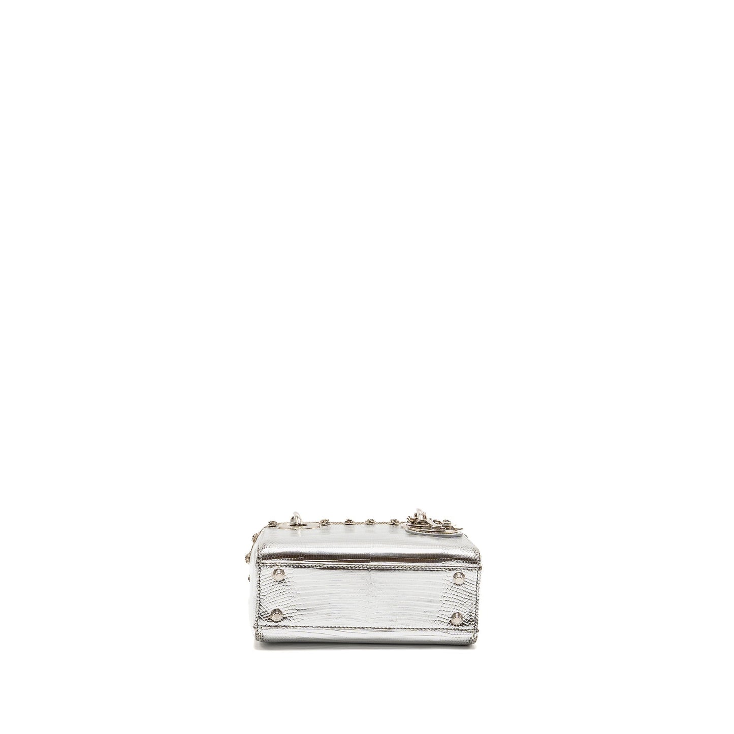 Dior Mini Lady Dior Flower Studded Metal Handle Lizard Silver