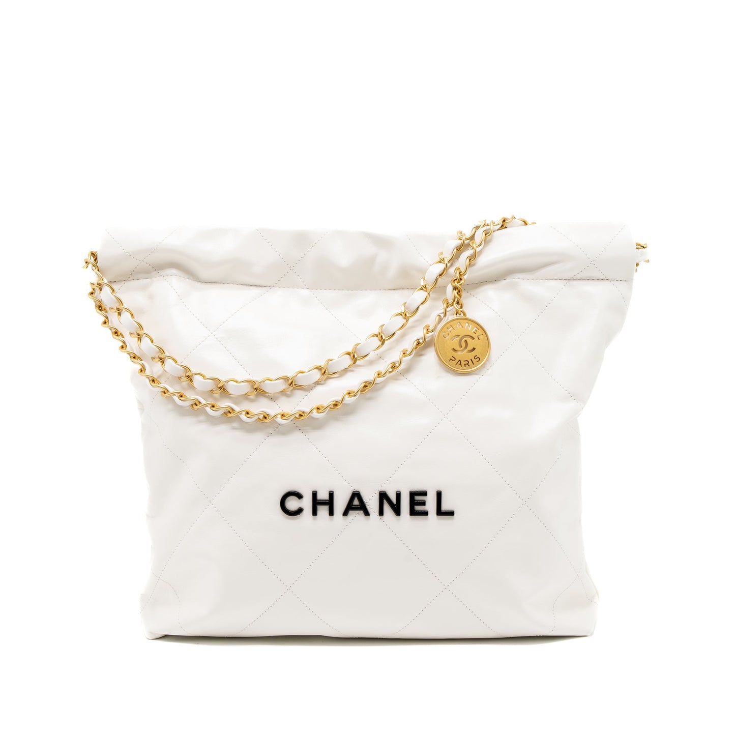 Chanel Small 22 Bag Black Letter Shiny Calfskin White Brushed  (Microchip)