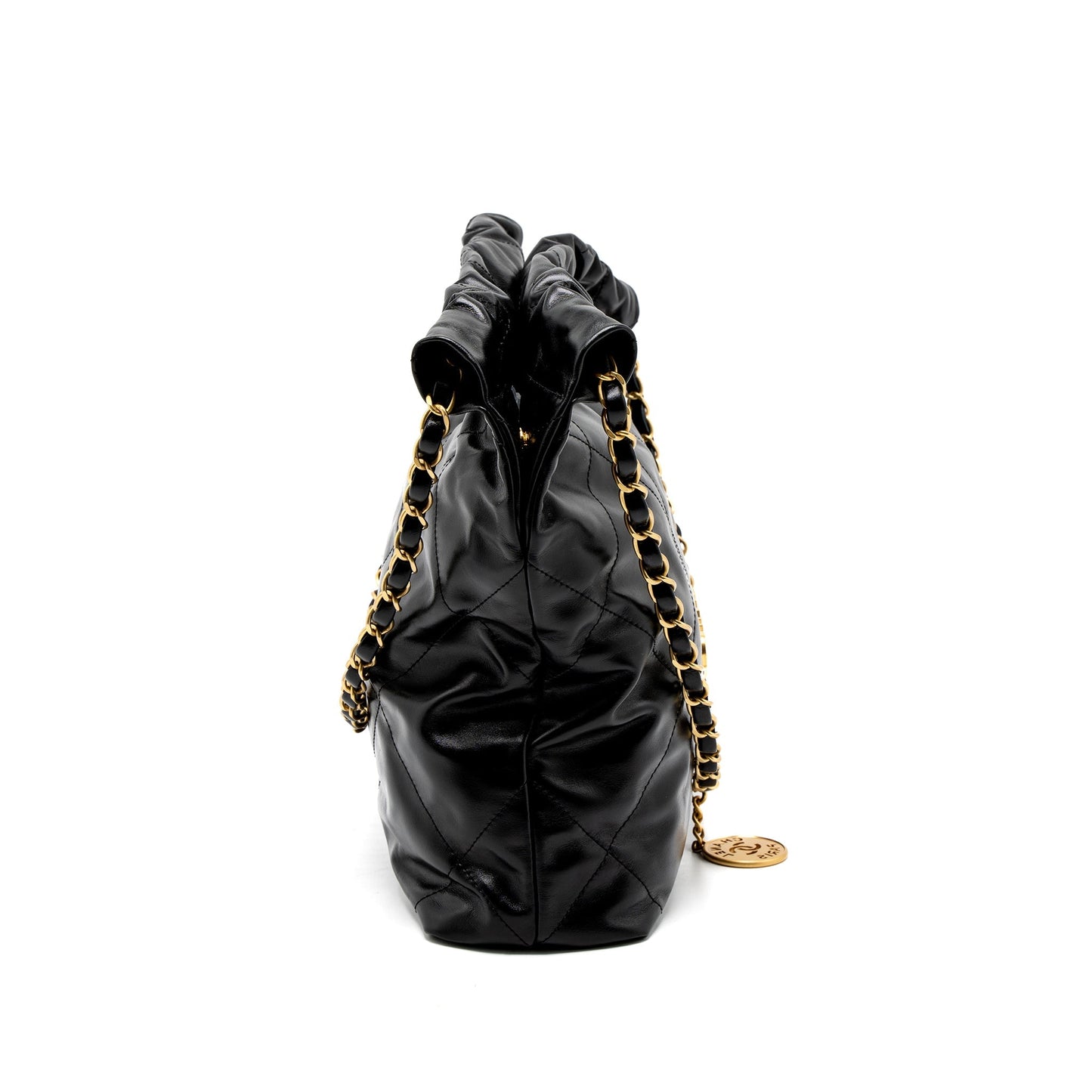 Chanel Small 22 Bag Gold Letter Shiny Calfskin Black Brushed  (Microchip)