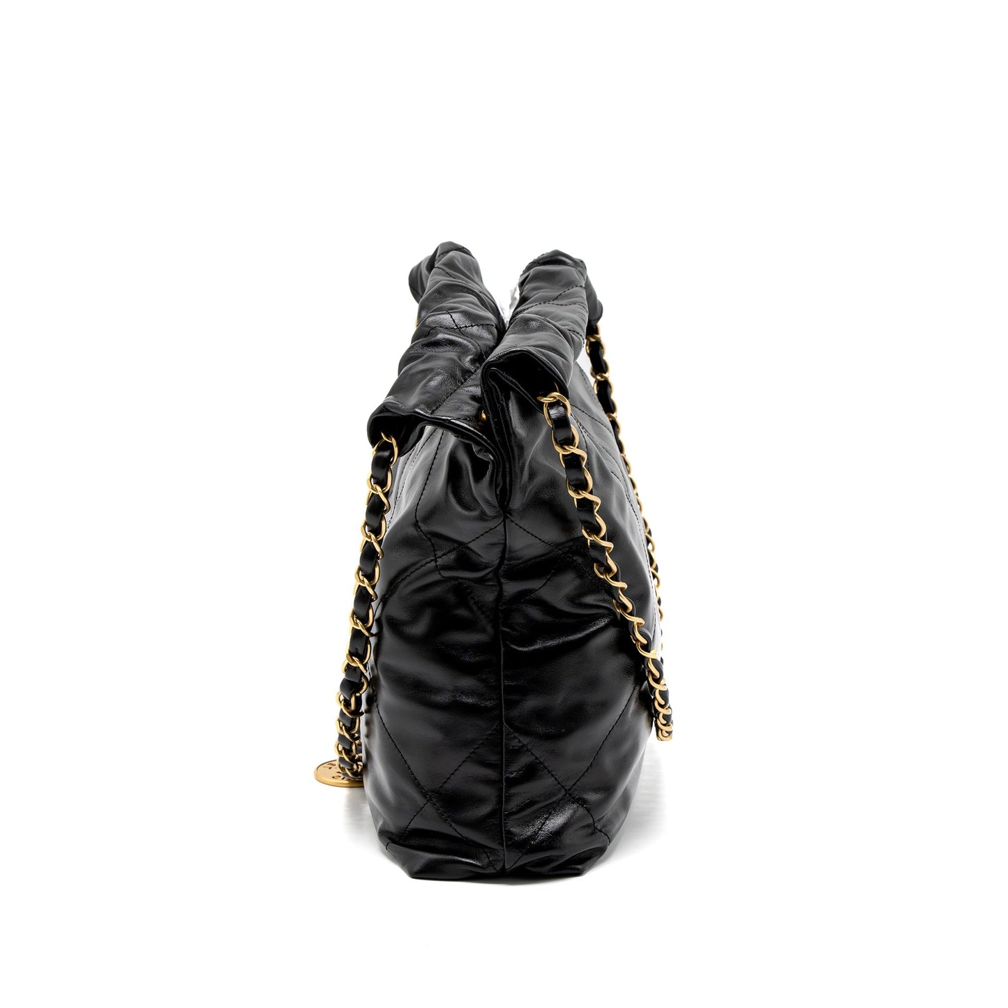 Chanel Small 22 Bag Gold Letter Shiny Calfskin Black Brushed  (Microchip)