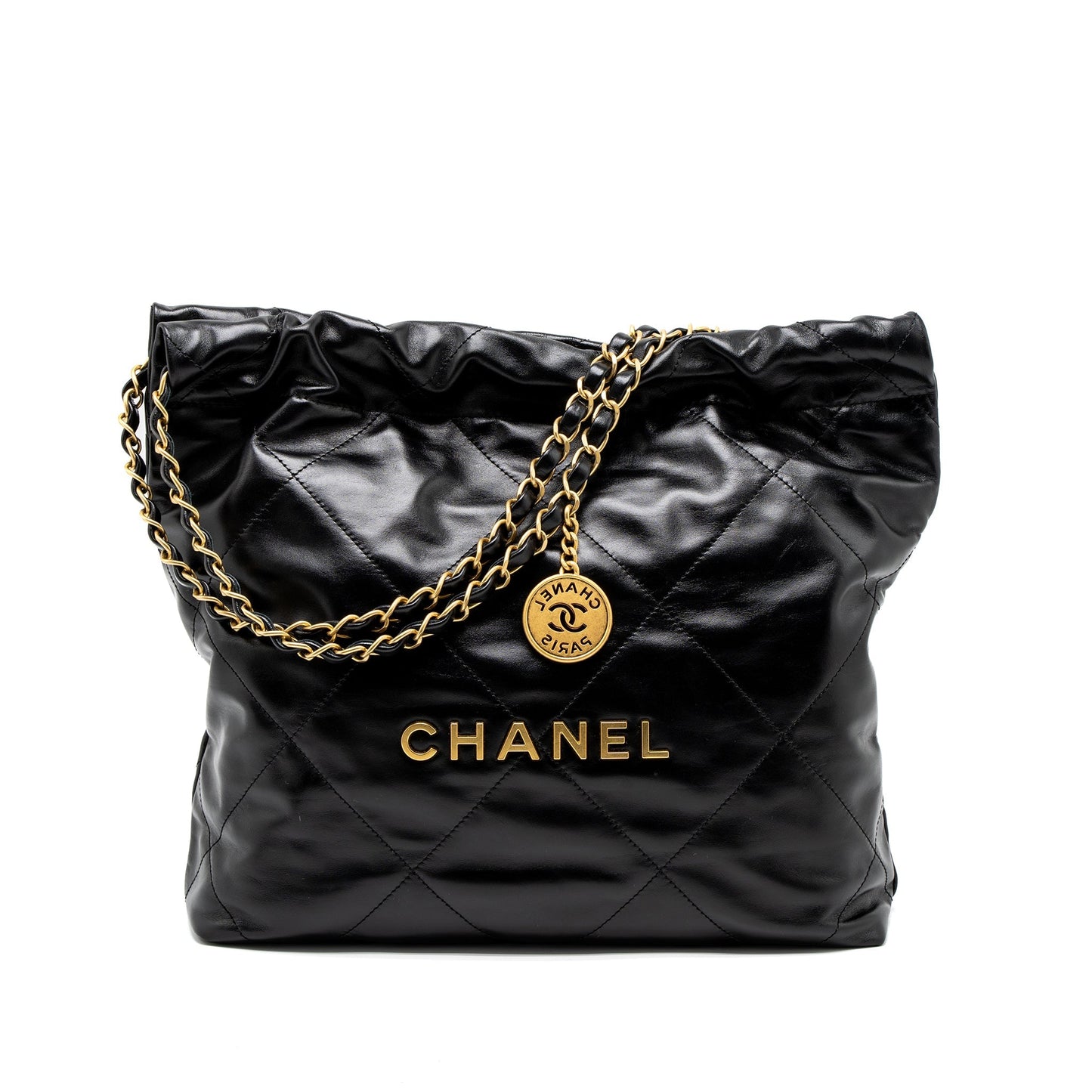 Chanel Small 22 Bag Gold Letter Shiny Calfskin Black Brushed  (Microchip)