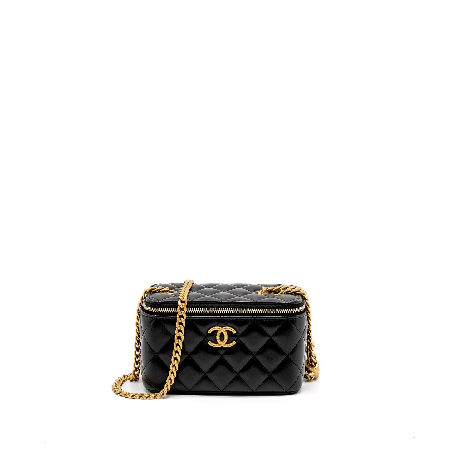 Chanel 22K Gold Pillar Adjustable Chain Long Vanity Lambskin Black Brushed (Microchip)
