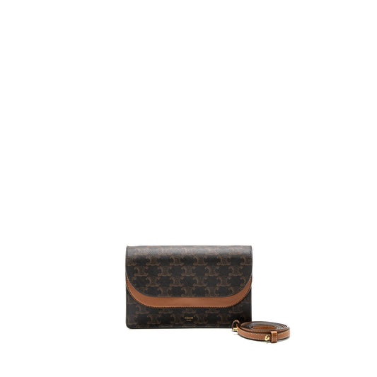 Luxury CELINE Wallet On Strap Triomphe Canvas/Smooth Lambskin Tan