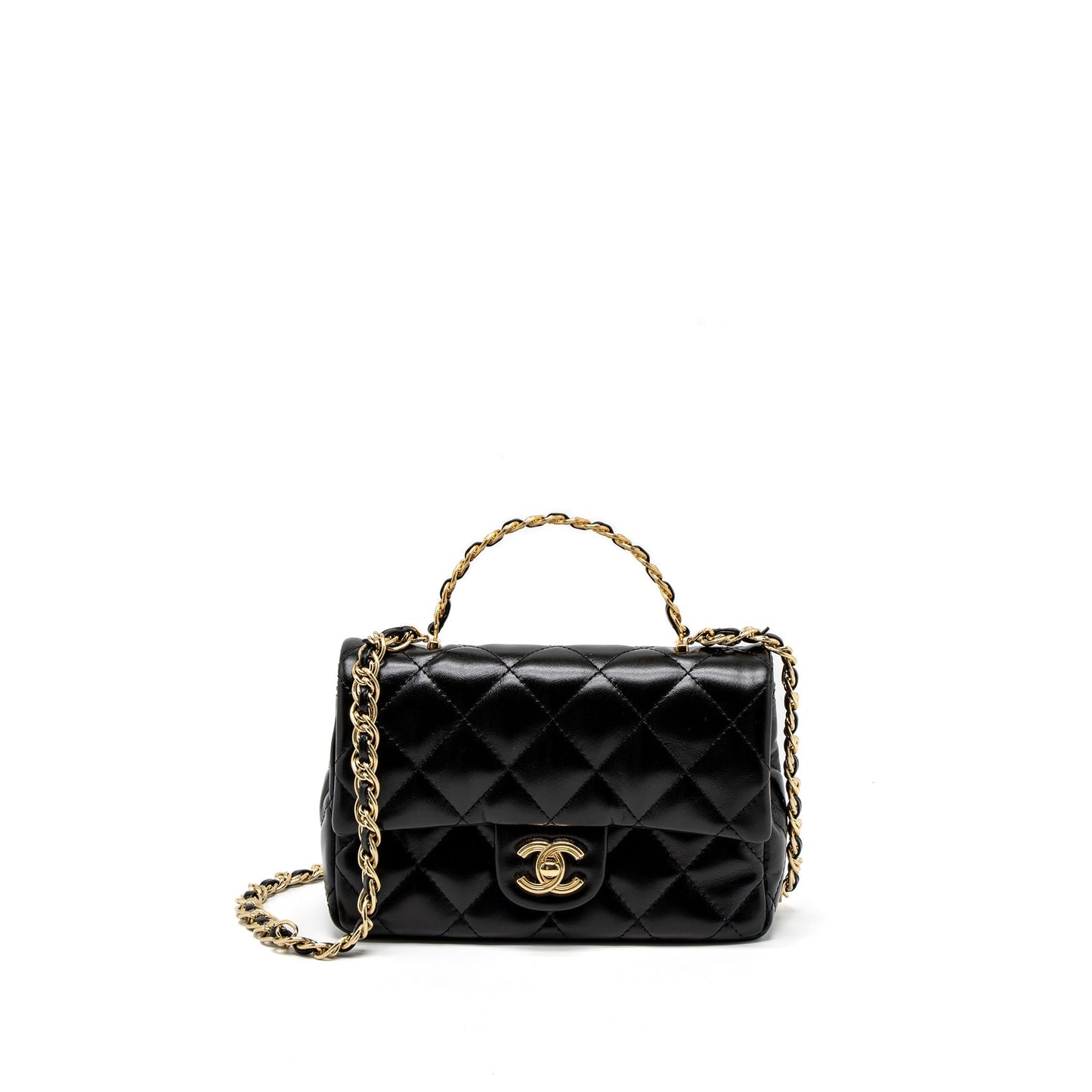 Chanel 23S Detail Top Handle Mini Rectangular Flap Bag Shiny Lambskin Black  (Microchip)