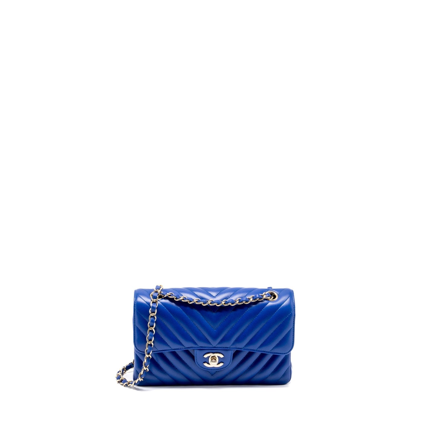 Chanel small classic double flap bag chevron lambskin blue L
