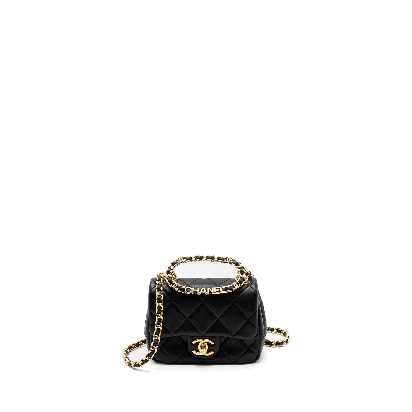Chanel Round Handle Mini Square Crossbody Bag Lambskin Brushed (Microchip)