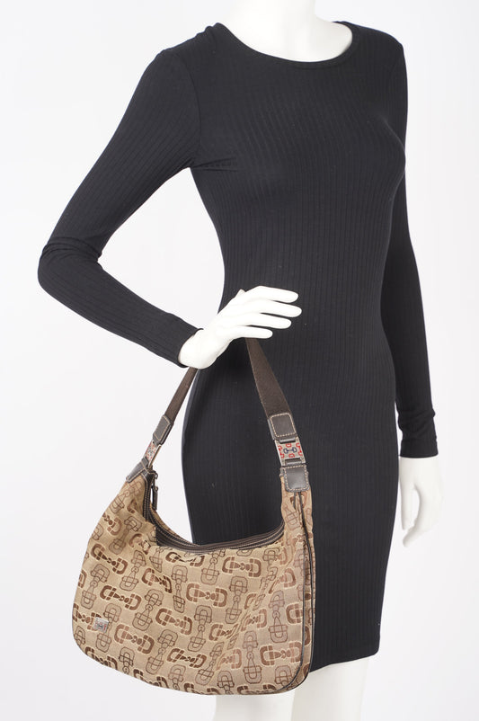 Gucci Womens Horsebit Canvas Shoulder Bag Brown Large